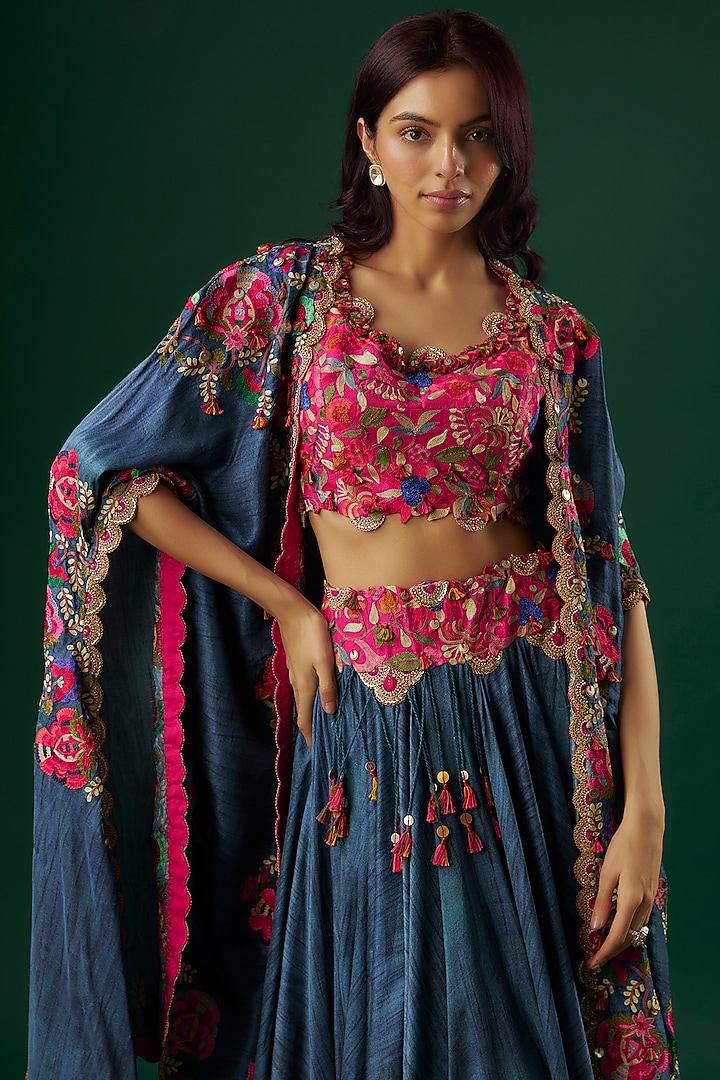 Peacock Blue Chanderi Thread Embroidered Jacket Bridal Lehenga by Minaxi Dadoo at Pernia's Pop Up Shop