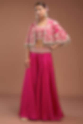 Rani Pink Silk & Organza Lace Work Cape Set by Minaxi Dadoo