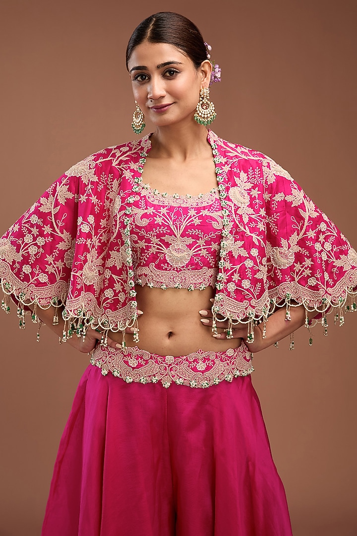 Rani Pink Silk & Organza Lace Work Cape Set by Minaxi Dadoo at Pernia's Pop Up Shop