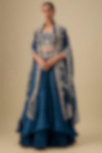 Peacock Blue Silk Lace Work Butterfly Cape Set by Minaxi Dadoo at Pernia's Pop Up Shop