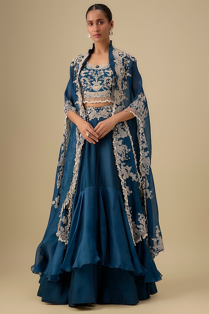 Peacock Blue Silk Lace Work Butterfly Cape Set by Minaxi Dadoo at Pernia's Pop Up Shop