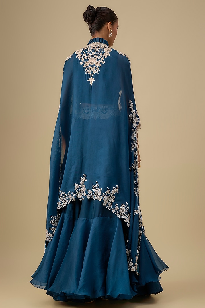 Peacock Blue Silk Lace Work Butterfly Cape Set by Minaxi Dadoo at Pernia's Pop Up Shop