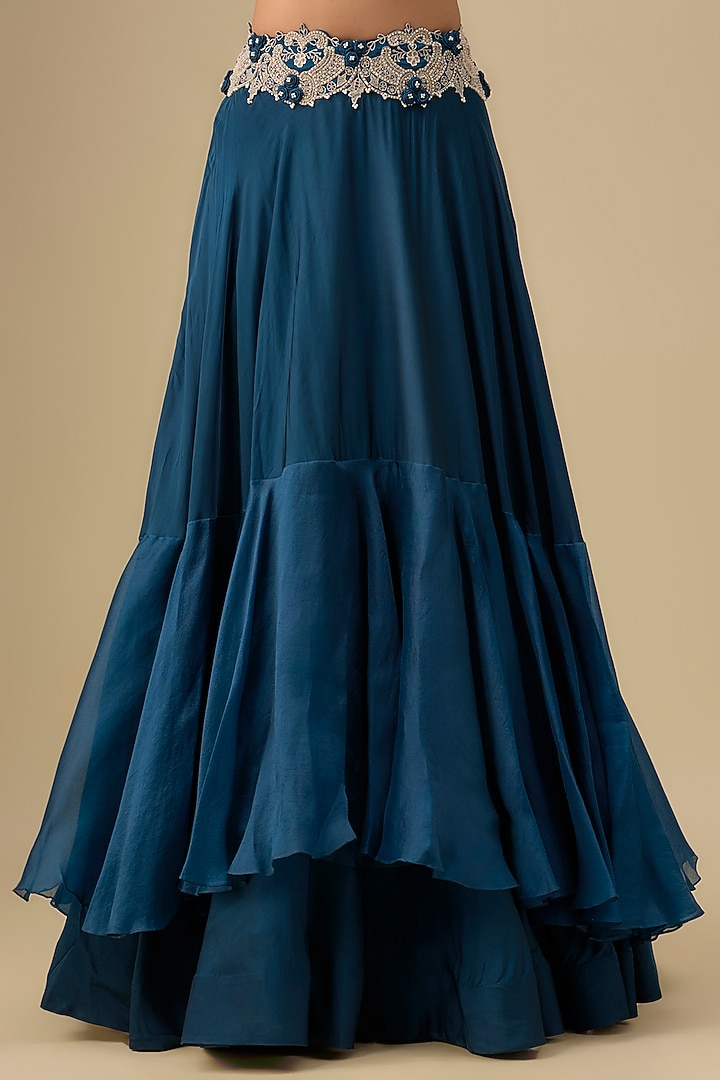 Peacock Blue Silk Lace Work Butterfly Cape Set by Minaxi Dadoo at Pernia's Pop Up Shop