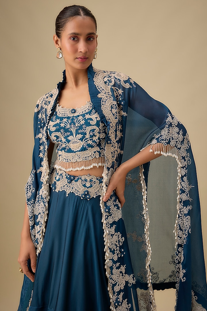 Peacock Blue Silk Lace Work Butterfly Cape Set by Minaxi Dadoo at Pernia's Pop Up Shop