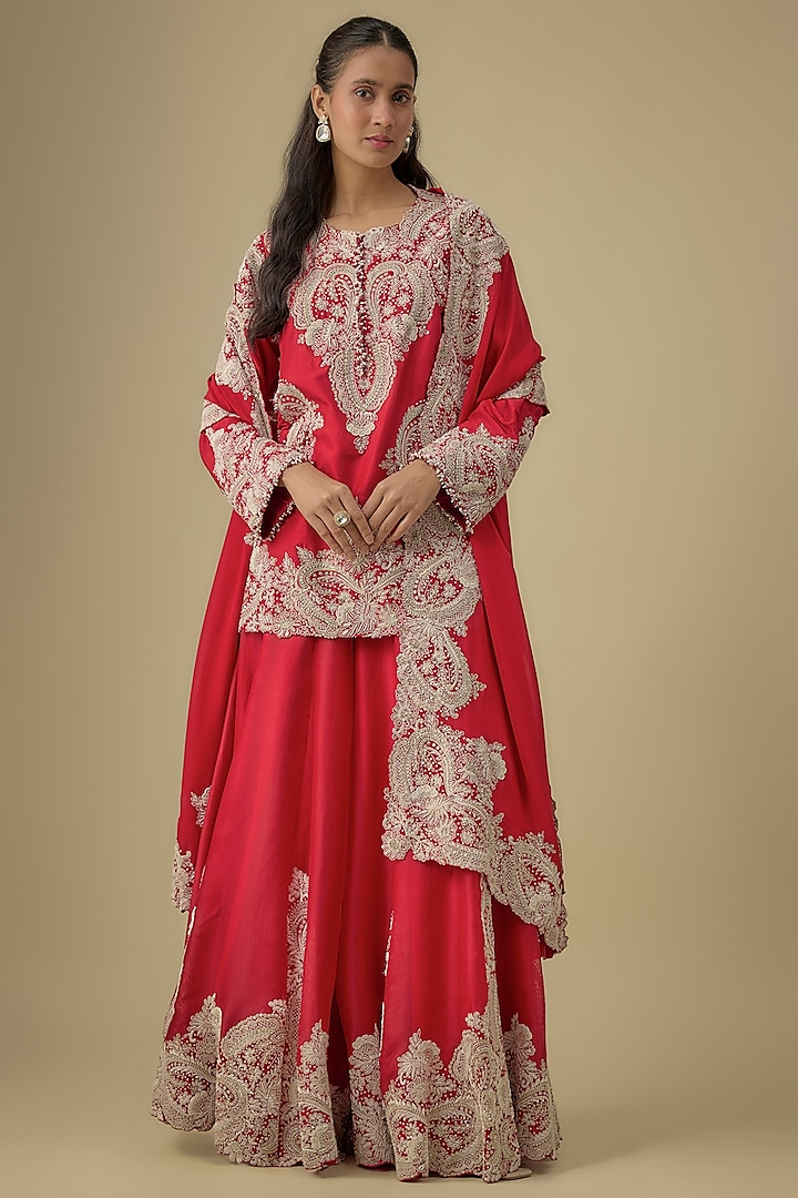 Red Organza Embroidered Gharara Set by Minaxi Dadoo at Pernia's Pop Up Shop