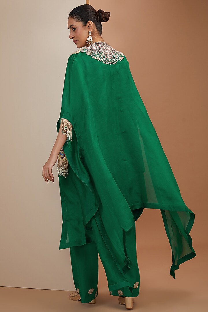 Green Dupion Silk Thread Embroidered Butterfly Cape Set by Minaxi Dadoo at Pernia's Pop Up Shop