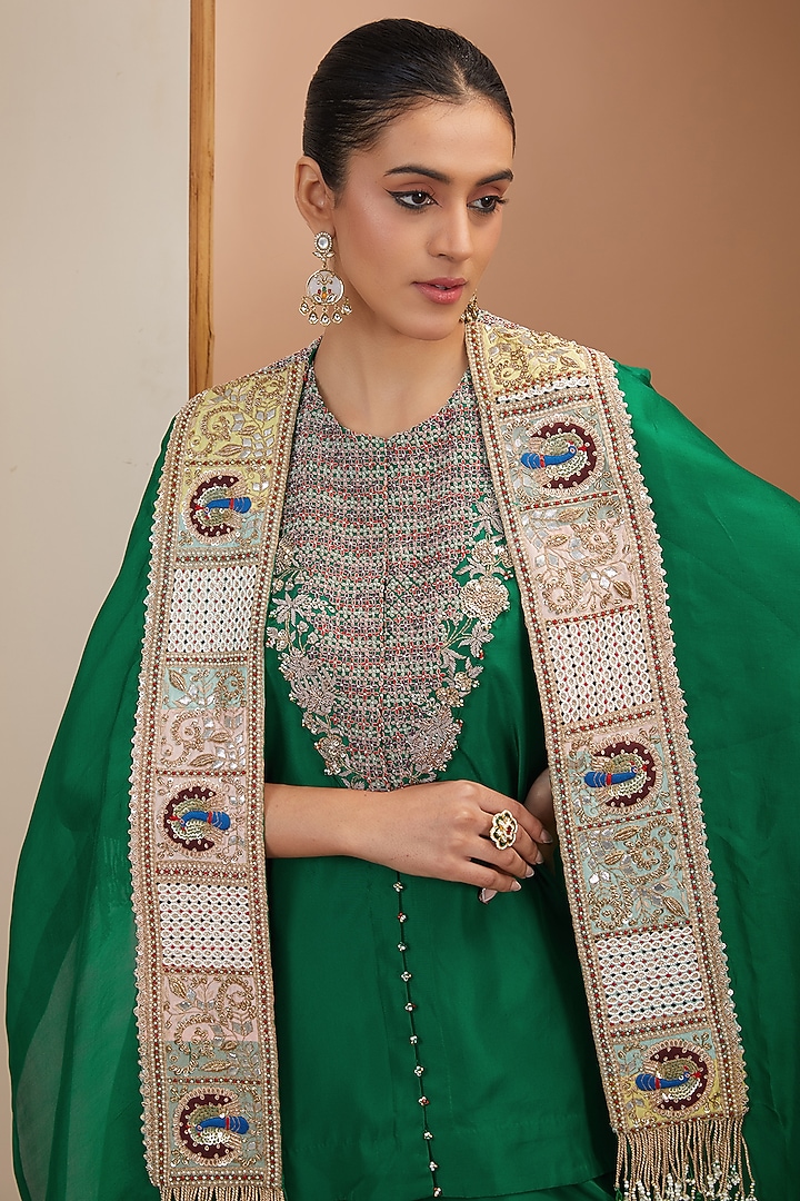 Green Dupion Silk Thread Embroidered Butterfly Cape Set by Minaxi Dadoo at Pernia's Pop Up Shop