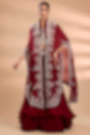 Maroon Organza Lacework Cape Set by Minaxi Dadoo at Pernia's Pop Up Shop