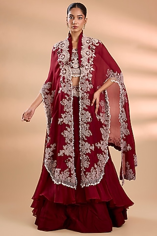 Maroon Organza Lacework Cape Set by Minaxi Dadoo