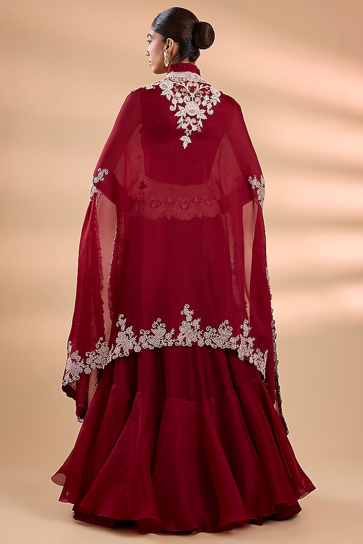 Maroon Organza Lacework Cape Set by Minaxi Dadoo at Pernia's Pop Up Shop