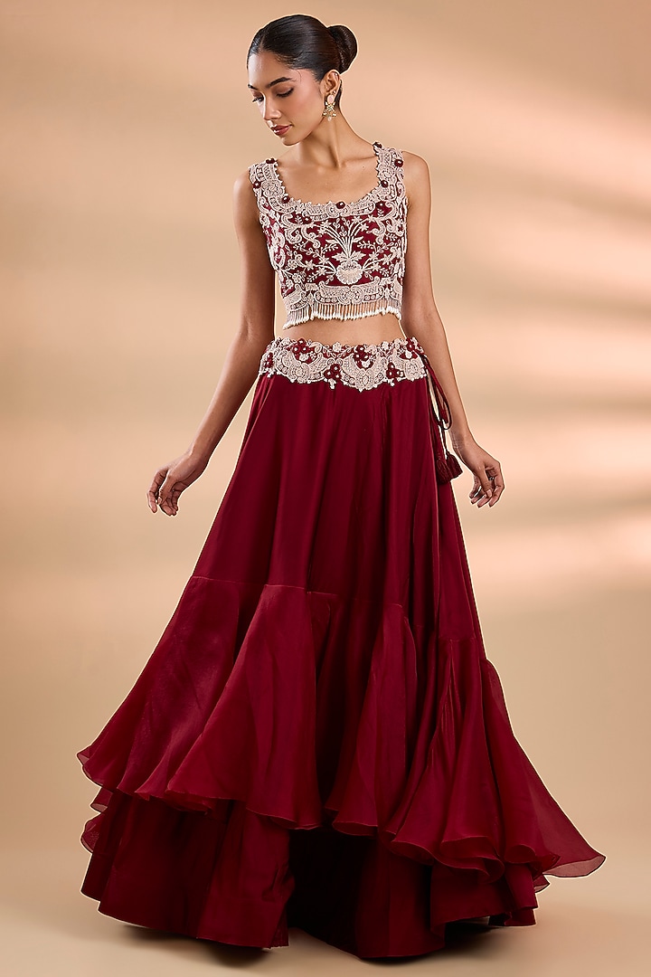 Maroon Organza Lacework Cape Set by Minaxi Dadoo at Pernia's Pop Up Shop