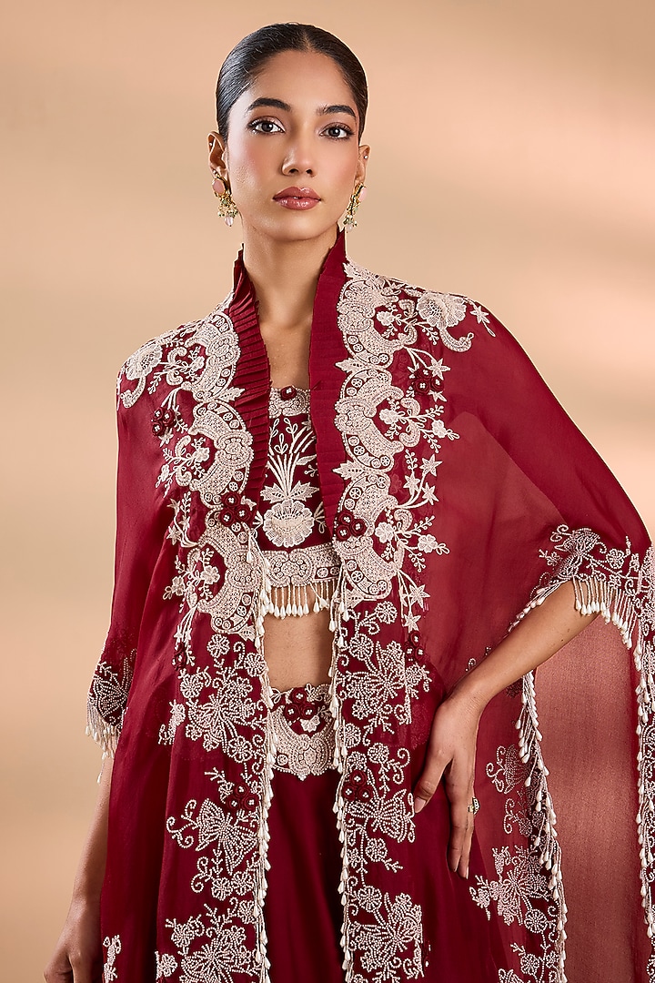 Maroon Organza Lacework Cape Set by Minaxi Dadoo at Pernia's Pop Up Shop
