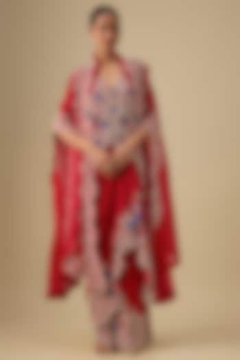 Red Dupion Silk Pearl Work Butterfly Cape Set by Minaxi Dadoo at Pernia's Pop Up Shop