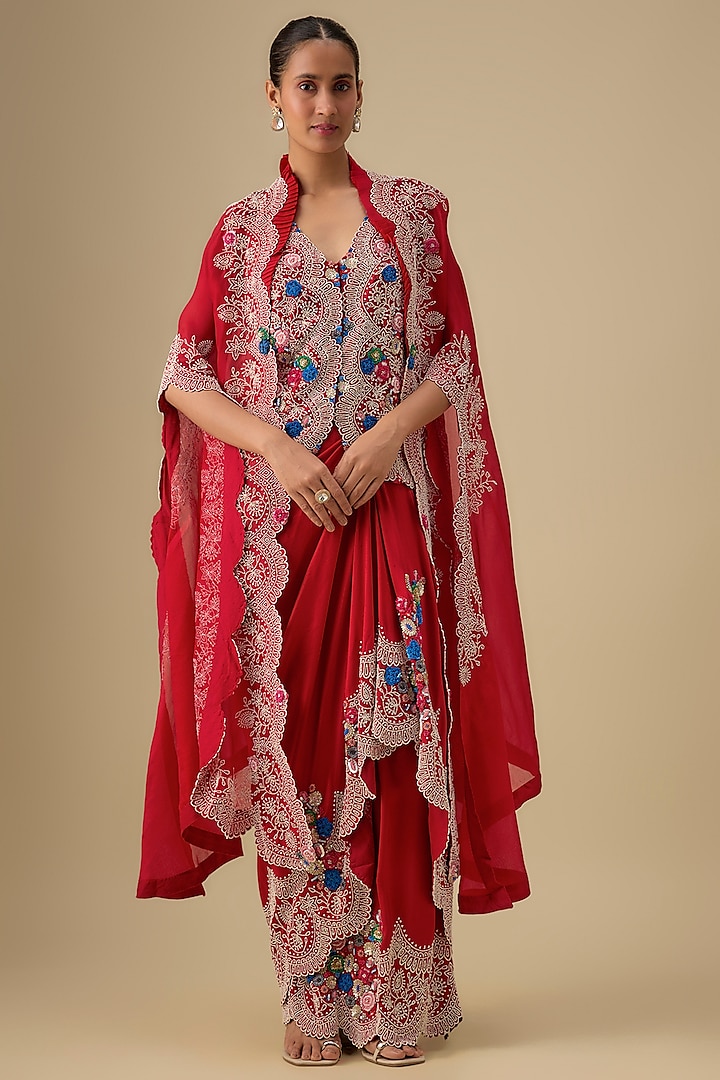 Red Dupion Silk Pearl Work Butterfly Cape Set by Minaxi Dadoo at Pernia's Pop Up Shop