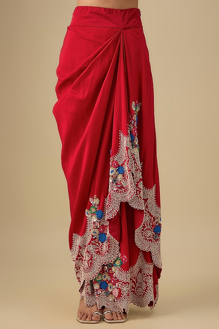 Red Dupion Silk Pearl Work Butterfly Cape Set by Minaxi Dadoo at Pernia's Pop Up Shop
