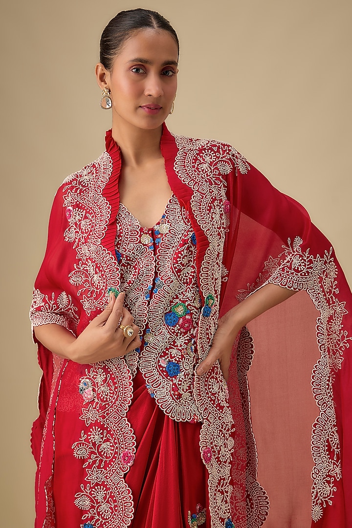 Red Dupion Silk Pearl Work Butterfly Cape Set by Minaxi Dadoo at Pernia's Pop Up Shop