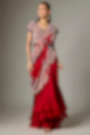 Red Silk & Organza Ruffled Pick-Up Skirt Set by Minaxi Dadoo at Pernia's Pop Up Shop