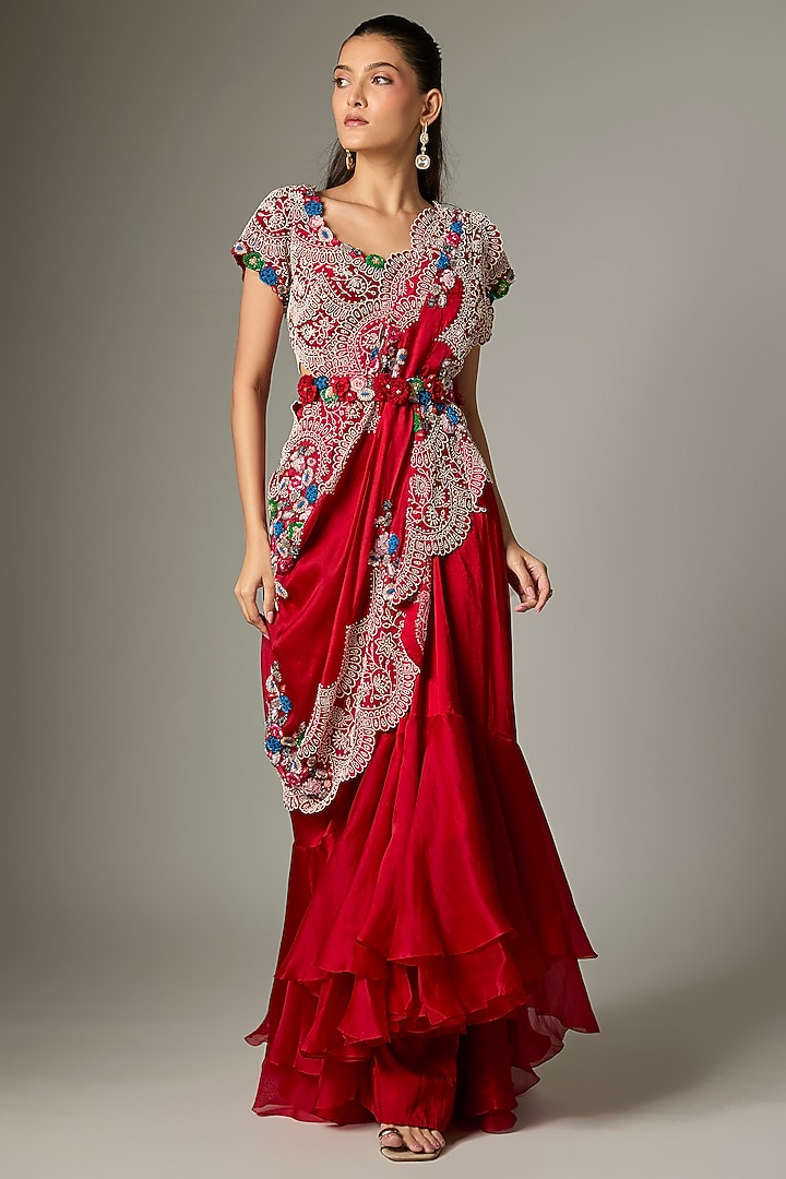 Red Silk & Organza Ruffled Pick-Up Skirt Set by Minaxi Dadoo at Pernia's Pop Up Shop