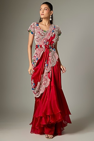 Red Silk & Organza Ruffled Pick-Up Skirt Set by Minaxi Dadoo