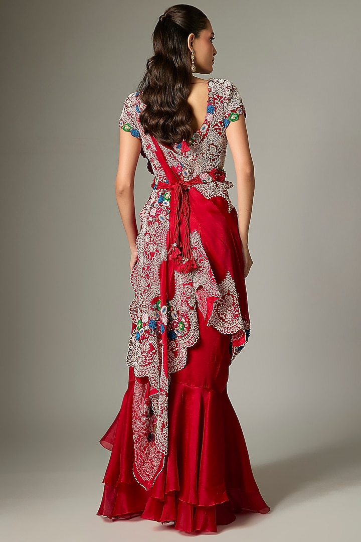 Red Silk & Organza Ruffled Pick-Up Skirt Set by Minaxi Dadoo at Pernia's Pop Up Shop