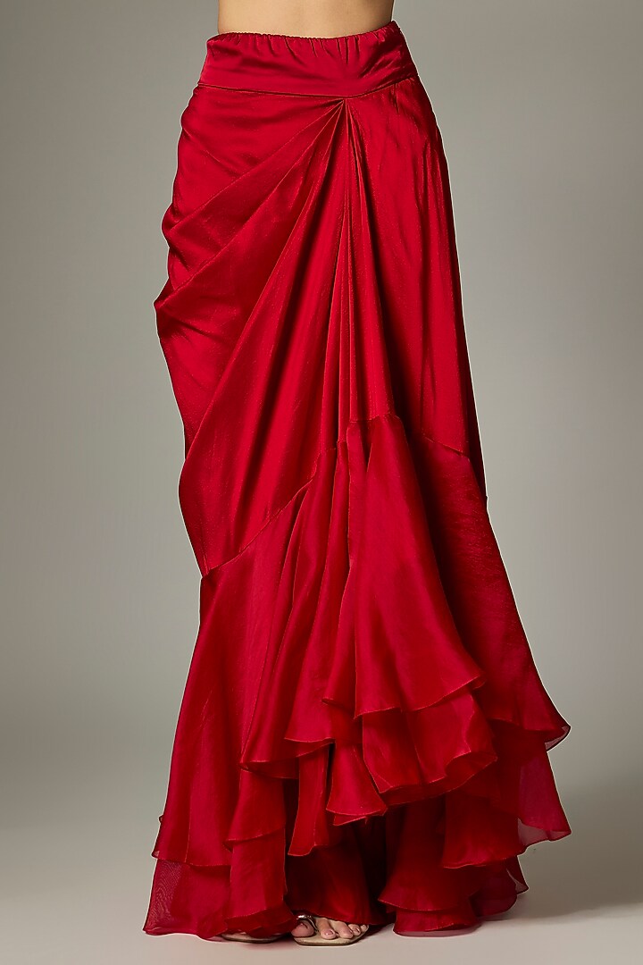 Red Silk & Organza Ruffled Pick-Up Skirt Set by Minaxi Dadoo at Pernia's Pop Up Shop