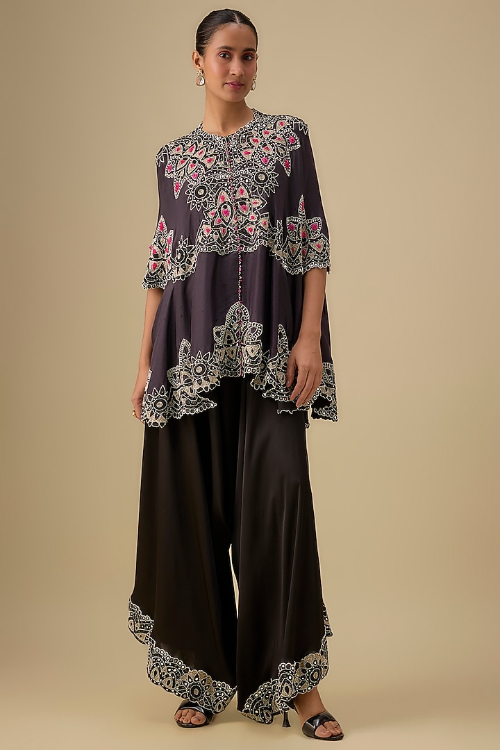 Black Dupion Silk Mirror Work Cape Set by Minaxi Dadoo at Pernia's Pop Up Shop