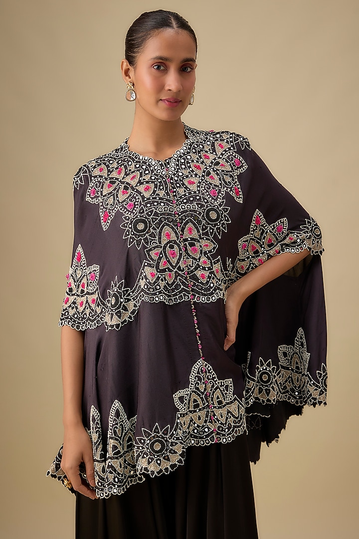 Black Dupion Silk Mirror Work Cape Set by Minaxi Dadoo at Pernia's Pop Up Shop