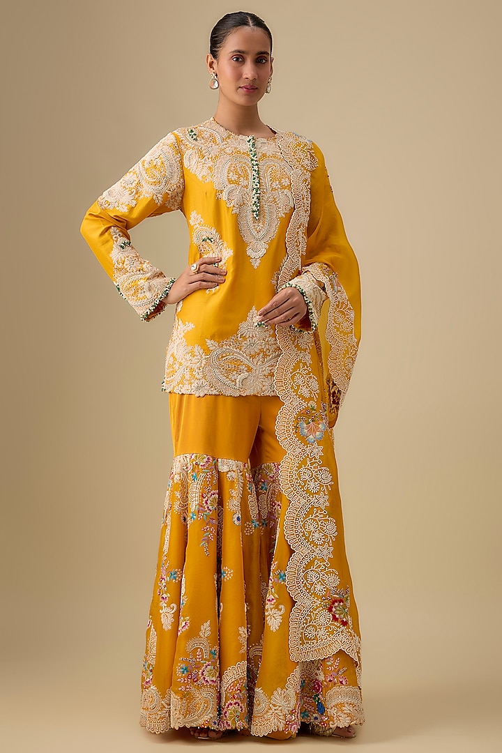 Yellow Organza Embroidered Gharara Set by Minaxi Dadoo at Pernia's Pop Up Shop