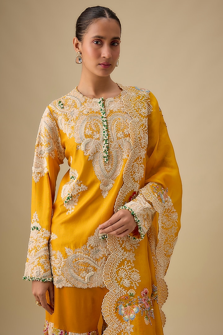 Yellow Organza Embroidered Gharara Set by Minaxi Dadoo at Pernia's Pop Up Shop