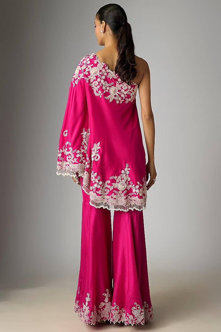 Rani Pink Silk & Organza Pearl Work Gharara Set by Minaxi Dadoo at Pernia's Pop Up Shop