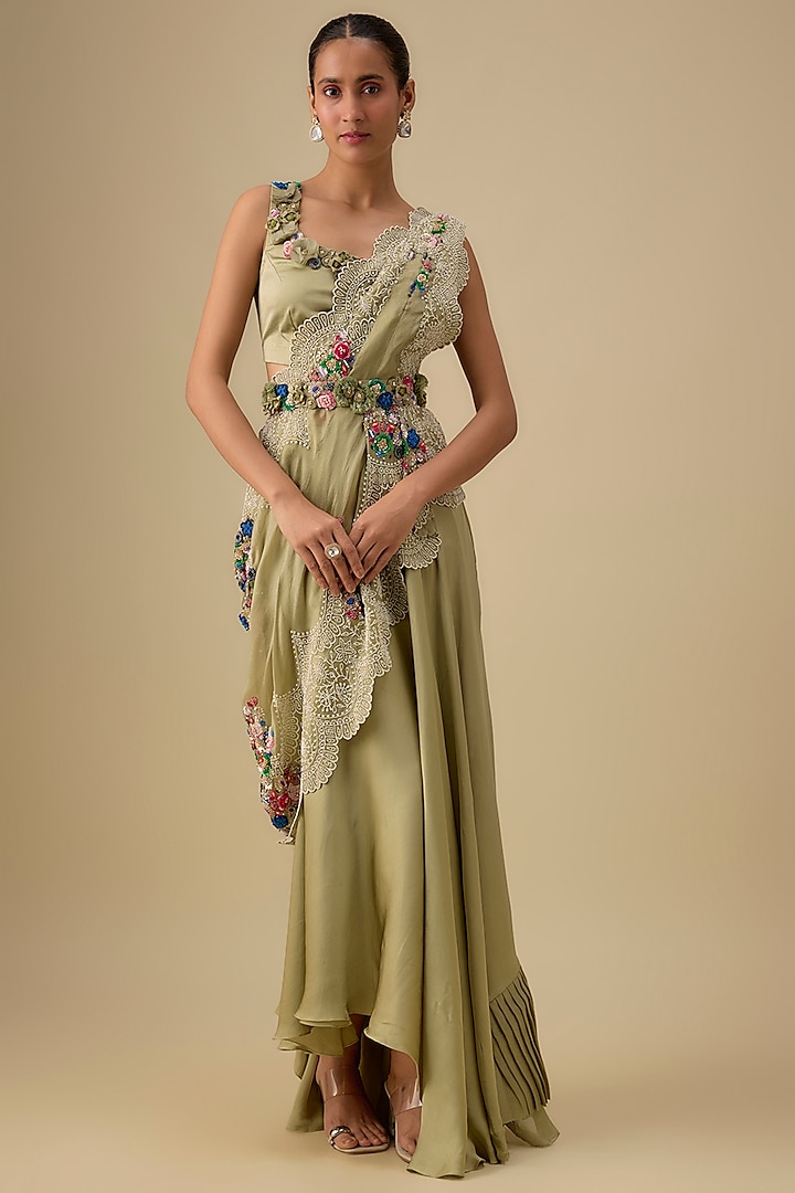 Olive Green Dupion Silk Skirt Set by Minaxi Dadoo at Pernia's Pop Up Shop