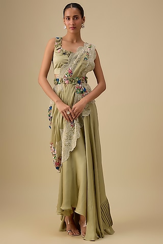 Olive Green Dupion Silk Skirt Set by Minaxi Dadoo