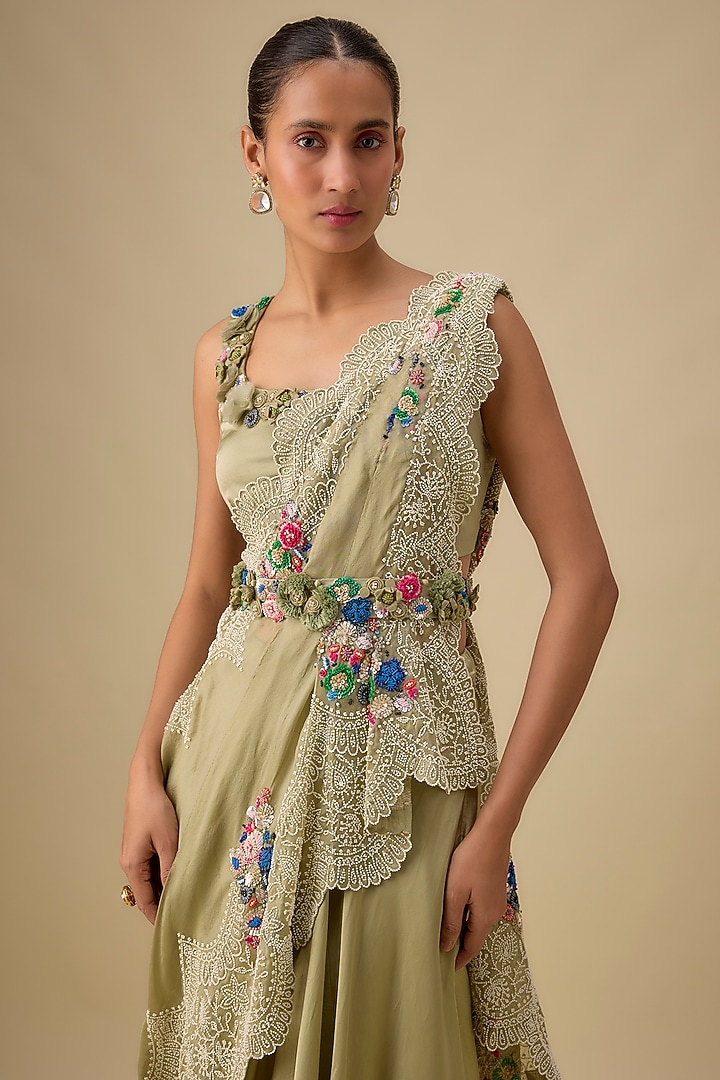 Olive Green Dupion Silk Skirt Set by Minaxi Dadoo at Pernia's Pop Up Shop