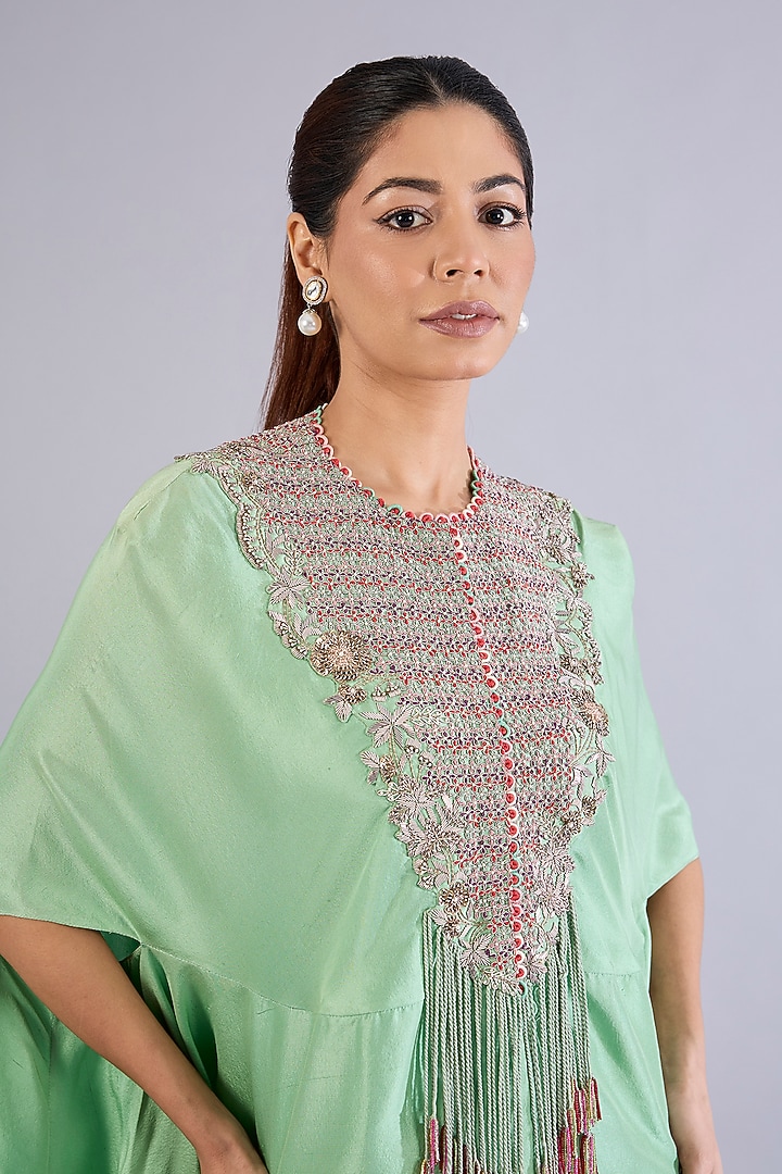 Green Dupion Silk Thread Work Cape Set by Minaxi Dadoo at Pernia's Pop Up Shop