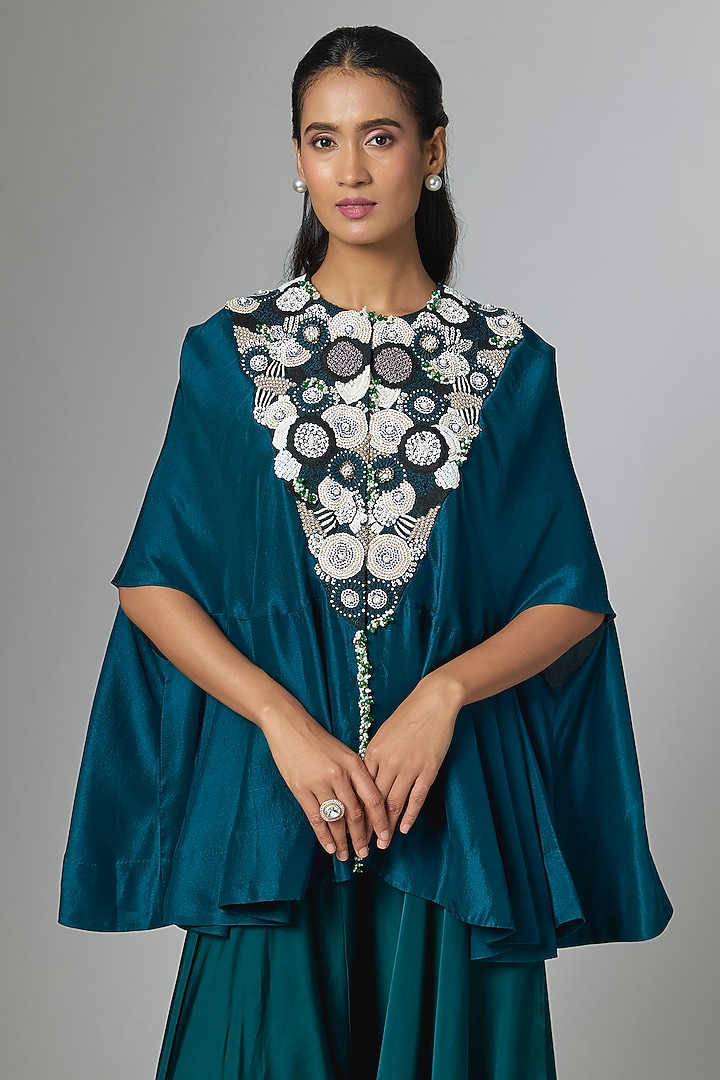 Peacock Blue China Dupion Embroidered Cape Set by Minaxi Dadoo at Pernia's Pop Up Shop