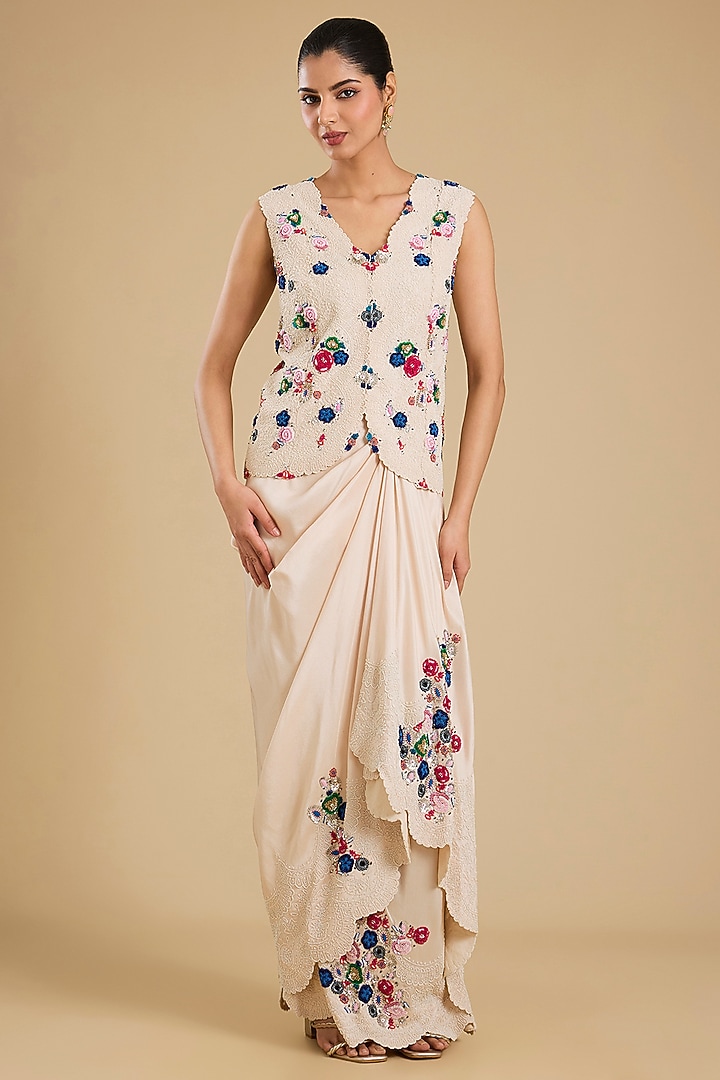Ivory Silk Pick-Up Skirt Set by Minaxi Dadoo at Pernia's Pop Up Shop