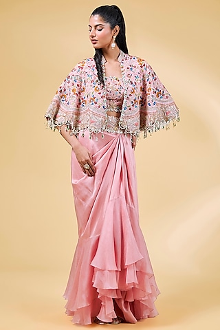 Pink Silk & Organza Tiered Skirt Set by Minaxi Dadoo