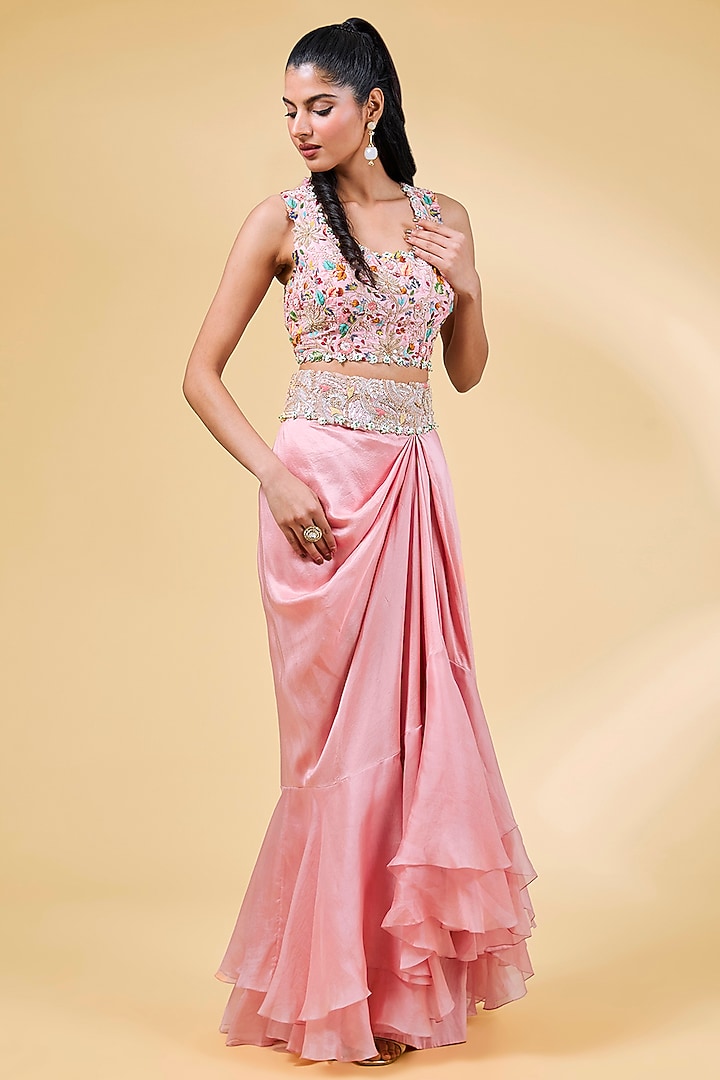 Pink Silk & Organza Tiered Skirt Set by Minaxi Dadoo at Pernia's Pop Up Shop