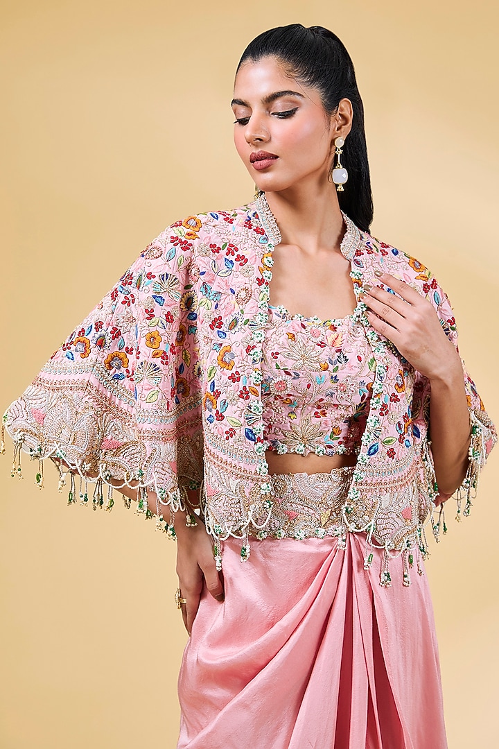 Pink Silk & Organza Tiered Skirt Set by Minaxi Dadoo at Pernia's Pop Up Shop