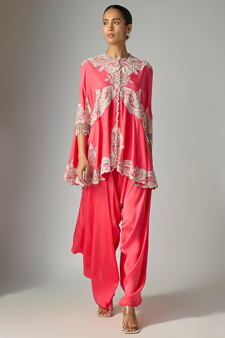Pink Dupion Silk Embroidered Cape Set by Minaxi Dadoo at Pernia's Pop Up Shop
