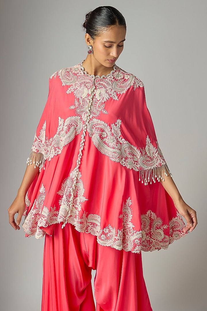 Pink Dupion Silk Embroidered Cape Set by Minaxi Dadoo at Pernia's Pop Up Shop