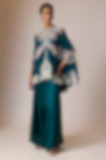 Peacock Blue Dupion Silk Jaal Embroidered Cape Set by Minaxi Dadoo at Pernia's Pop Up Shop