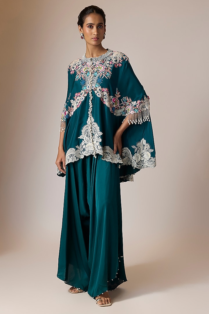 Peacock Blue Dupion Silk Jaal Embroidered Cape Set by Minaxi Dadoo at Pernia's Pop Up Shop