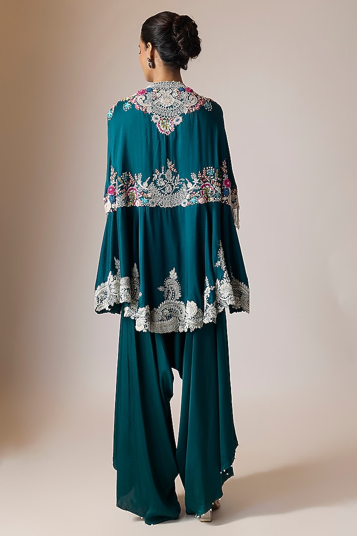 Peacock Blue Dupion Silk Jaal Embroidered Cape Set by Minaxi Dadoo at Pernia's Pop Up Shop