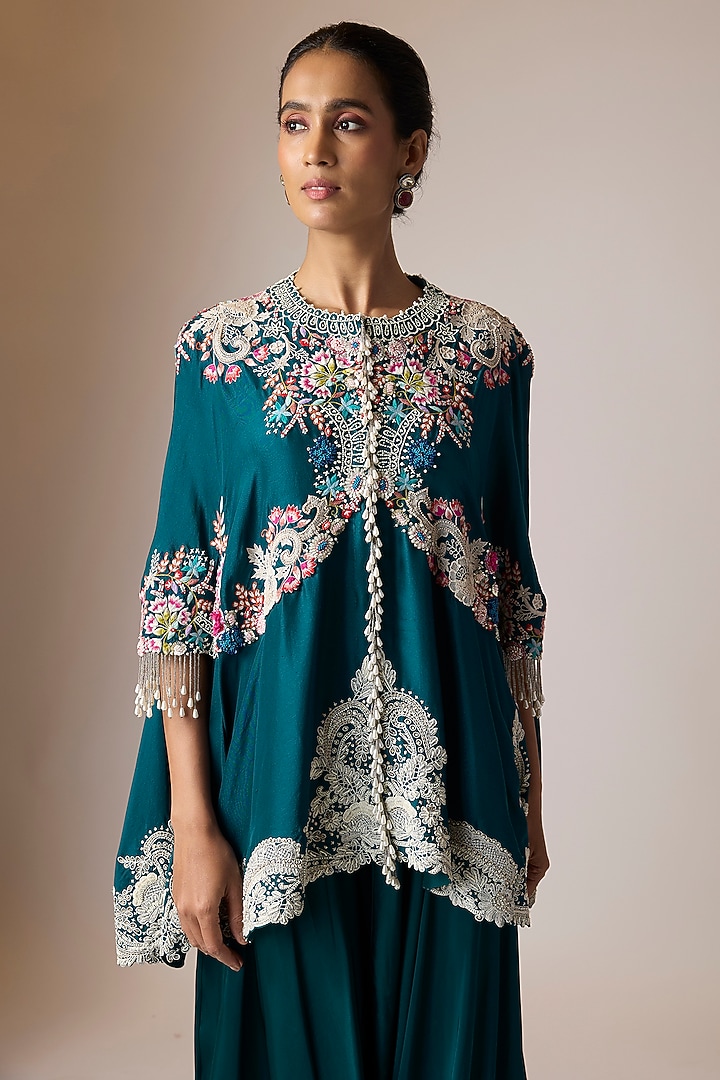 Peacock Blue Dupion Silk Jaal Embroidered Cape Set by Minaxi Dadoo at Pernia's Pop Up Shop
