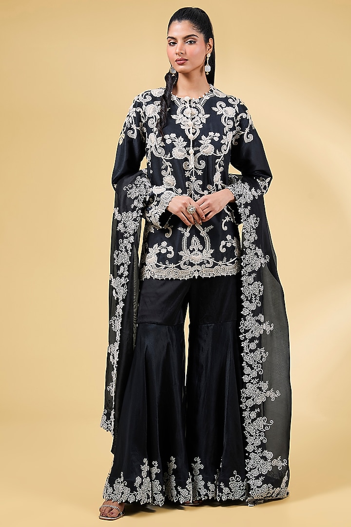 Black Silk & Organza Gharara Set by Minaxi Dadoo at Pernia's Pop Up Shop