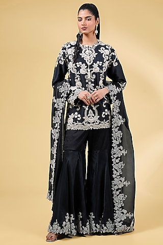 Black Silk & Organza Gharara Set by Minaxi Dadoo