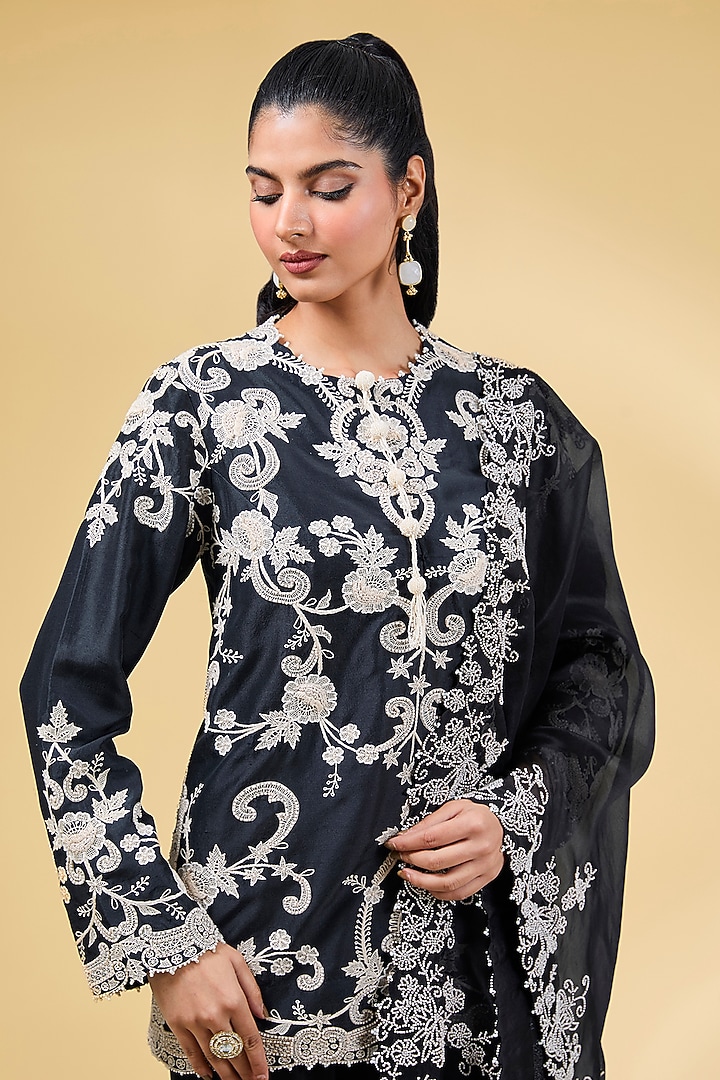 Black Silk & Organza Gharara Set by Minaxi Dadoo at Pernia's Pop Up Shop