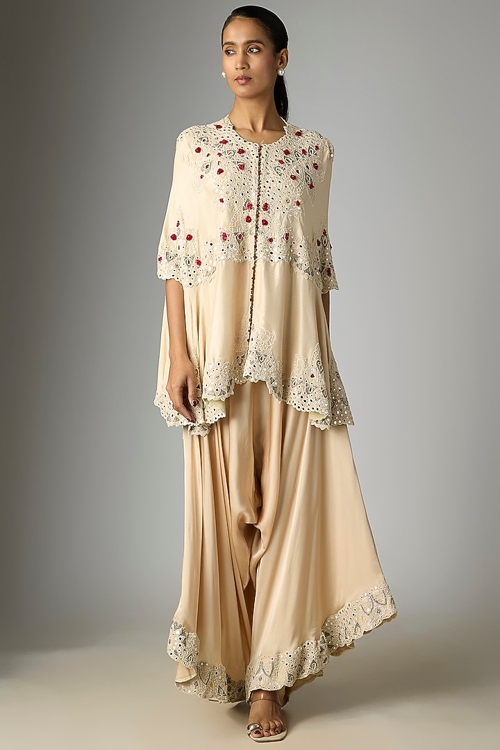 Ivory Silk Embroidered Cape Set by Minaxi Dadoo at Pernia's Pop Up Shop