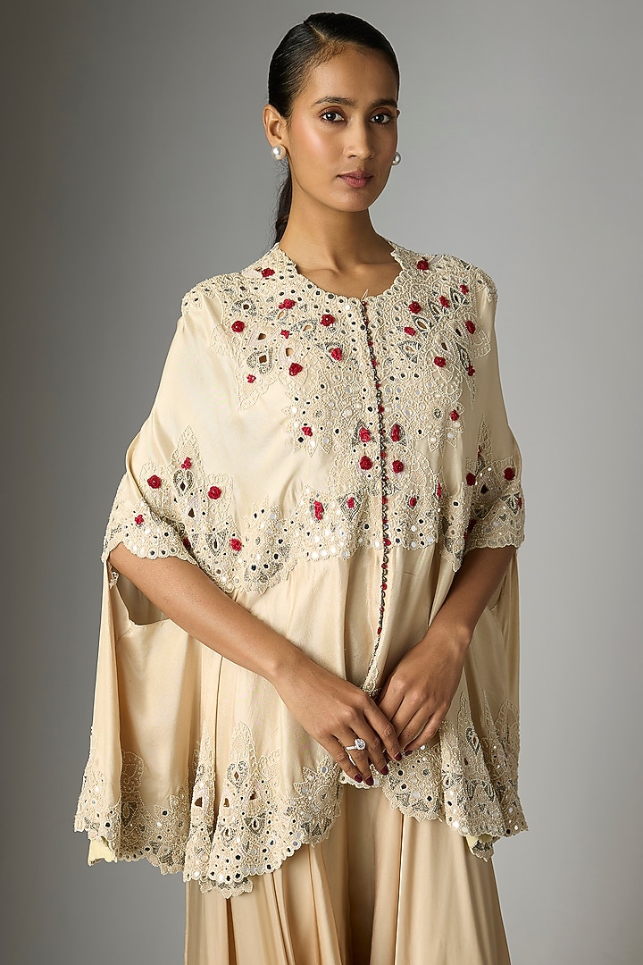 Ivory Silk Embroidered Cape Set by Minaxi Dadoo at Pernia's Pop Up Shop